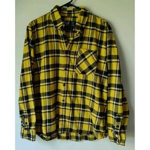 RONIN Factory Plaid Yellow‎ Black Long Sleeve Flannel Shirt Men's L Button Down